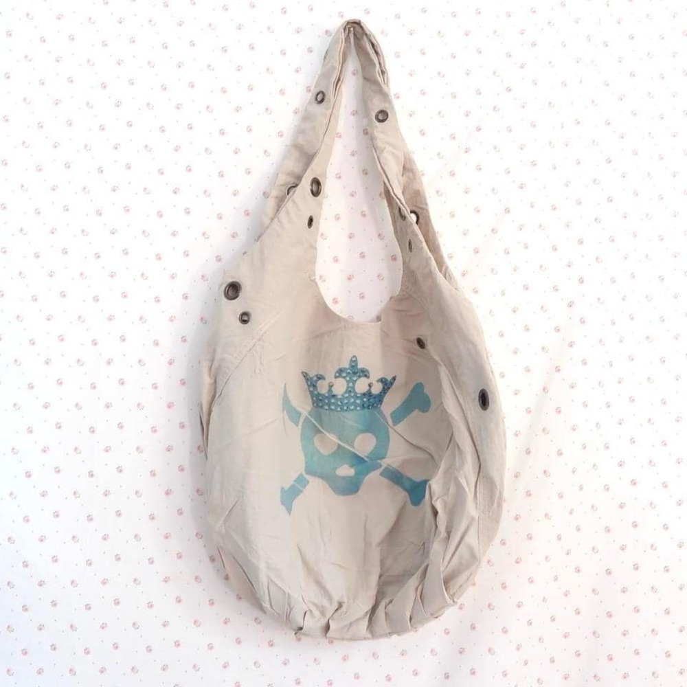 Vintage Y2K Beige Canvas Skull Crown Grommet Shoulder Bag Hobo Purse
